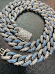 14MM WHITE & BLUE ROUND MOISSANITE DIAMOND MIAMI CUBAN LINK CHAIN IN 925 SILVER